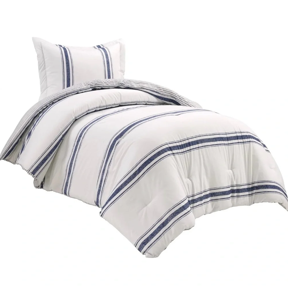 Lush Decor Farmhouse Stripe Reversible Cotton Comforter Set,2-Piece,Twin XL Navy